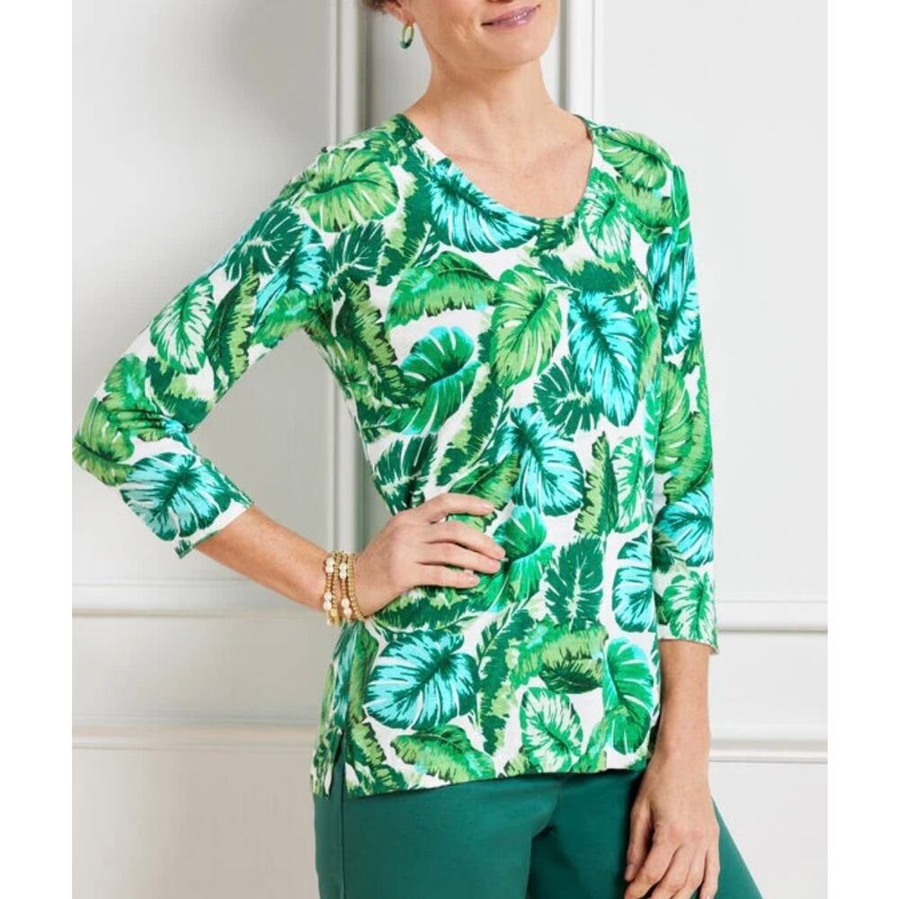 Talbots Sweater Isle Fronds V-Neck Sz XL Cotton Pullover 3/4 Sleeves Lightweight